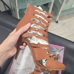 Tan Lace-Up High Heels